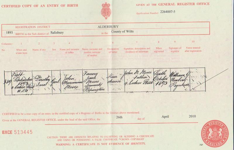 Dorothy Ina Moore 1893 Birth Certificate